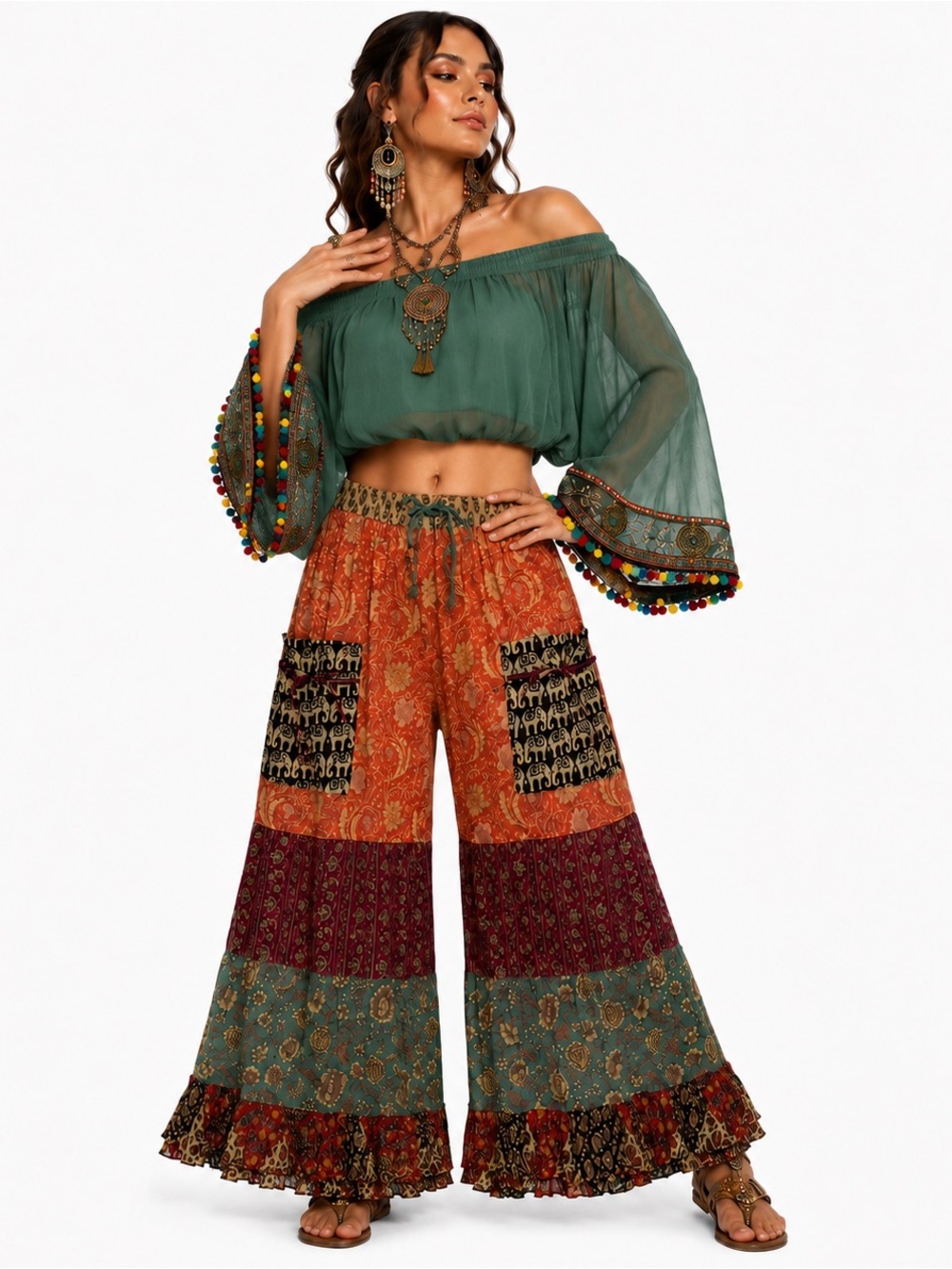 Hippie Forever Handmade Patchwork Palazzo Pants Womens SZ OS Dreamy Forest Fairy